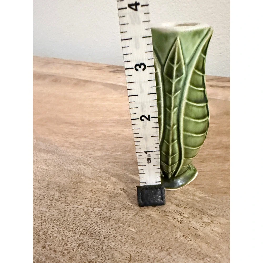 Vintage Bud Vase Green Leaf Motif Ceramic Small 4in